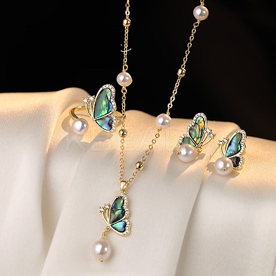 Brass Cubic Zirconia & Abalone Shell & Imitation Pearl Jewelry Set FS-WG1B634-01-1