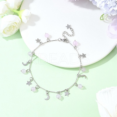 201 Stainless Steel Moon Star & Natural Dyed Malaysia Jade Round Charm Brass Bar Link Chain Anklets AJEW-AN00732-01-1