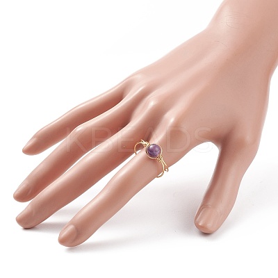 Natural Amethyst Round Beaded Open Cuff Ring RJEW-TA00041-02-1