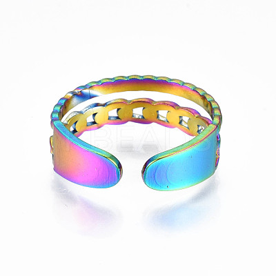 Rainbow Color 304 Stainless Steel Curb Chain Shape Cuff Ring RJEW-N038-037M-1