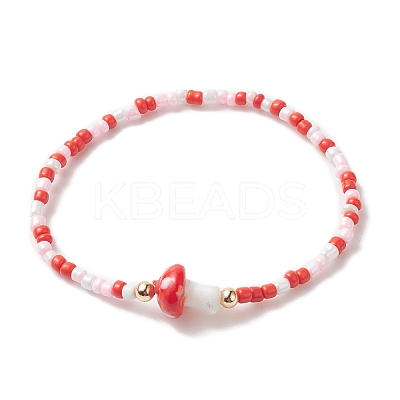 Mushroom Lampwork & Glass Seed & Brass Beaded Stretch Bracelets for Women BJEW-JB09272-1