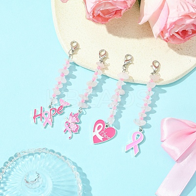 4Pcs October Breast Cancer Pink Awareness Ribbon Alloy Enamel Pendant Decoration HJEW-YW00081-01-1