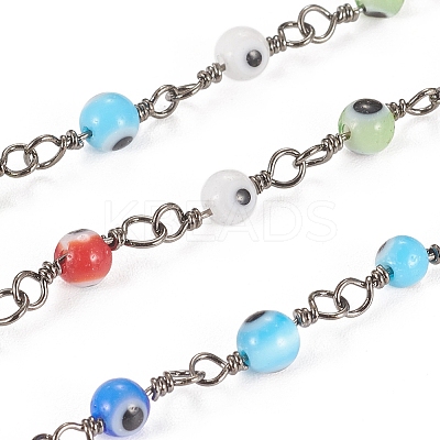 3.28 Feet Handmade Evil Eye Lampwork Round Beaded Chains X-CHC-G009-A-B04-1