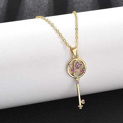 Brass Micro Pave Cubic Zirconia Heart Key Pendant Necklaces for Women NJEW-R027-03G-02-1