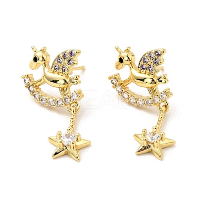 Cubic Zirconia Hobbyhorse with Star Dangle Stud Earrings EJEW-G297-02G-1