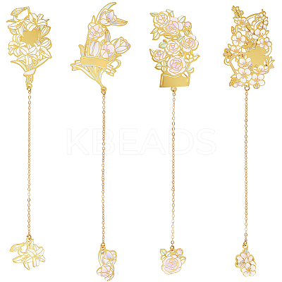 4Pcs 4 Styles Chinese Style Brass Enamel Flower Bookmark with Long Chain AJEW-SC0002-92-1