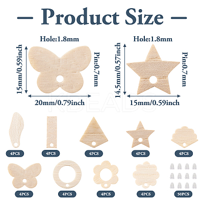 36Pcs 9 Styles Rectangle & Flower & Butterfly & Star Ash Wood Stud Earring Findings EJEW-TA0001-19-1