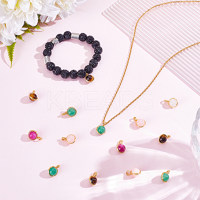 5Pcs 5 Colors Copper Wire Wrapped Natural Mashan Jade & Malaysia Jade & Tiger Eye & Green Aventurine & Quartz Crystal Round Charms PALLOY-HY00112-1