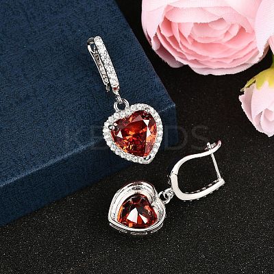 925 Sterling Silver Pave Cubic Zirconia Heart Hoop Earrings EJEW-C150-01B-01-1