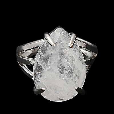 Natural Quartz Crystal Teardrop Adjustable Rings RJEW-K241-03P-11-1