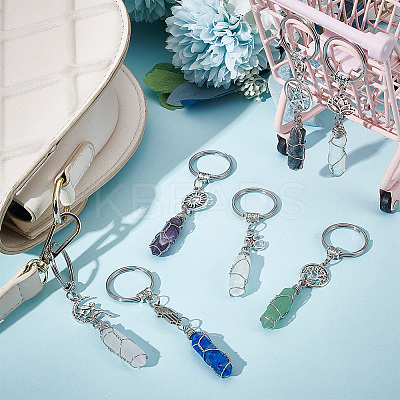 7Pcs 7 Styles Bullet Gemstone Wire Wrapped Keychain KEYC-NB0001-49-1