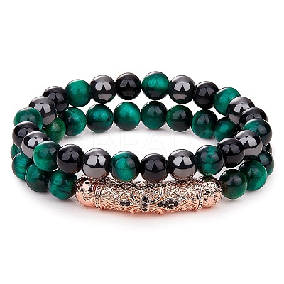 2Pcs 2 Style Dyed & Heated Natural Tiger Eye & Gemstone Stretch Bracelets Set BJEW-SW00089-1
