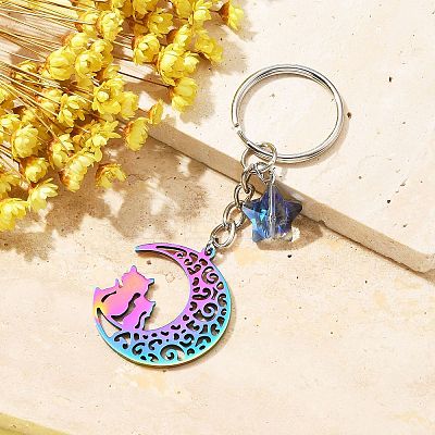 Stainless Steel Hollow Moon Cat Keychains KEYC-JKC00585-03-1