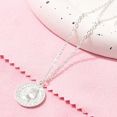 304 Stainless Steel Flat Round Cameo Pendant Cable Chain Necklaces for Women STAS-Z108-02S-02-1