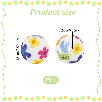 50Pcs Round with Flower Food Grade Eco-Friendly Silicone Beads SIL-AN0001-03-1
