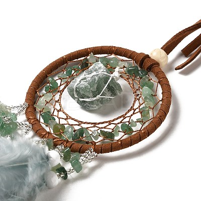 Natural Green Aventurine Chips Woven Net/Web with Feather Pendant Decoration WICH-PW0001-39D-1