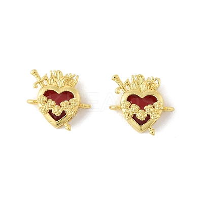 Brass Pave Dark Red Glass Scared Heart Connector Charms KK-FZC0001-01G-1