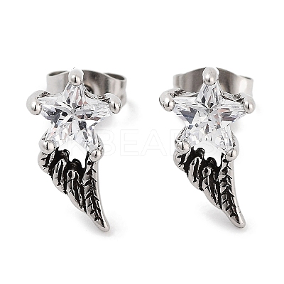 Star Wing 316 Surgical Stainless Steel Pave Clear Cubic Zirconia Stud Earrings for Women Men EJEW-Z050-01B-AS-1
