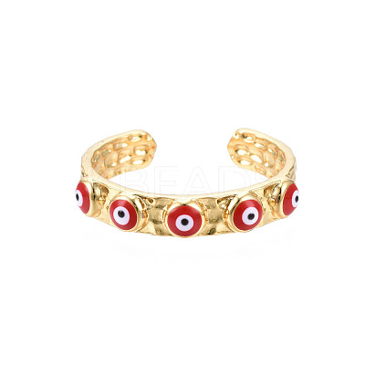 Real 18K Gold Plated Brass Open Cuff Ring with Enamel Evil Eye for Women RJEW-Q166-02D-1