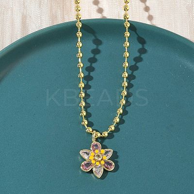 Brass Pave Pink and Clear Cubic Zirconia with Enamel Flower Pendant Ball Chain Necklaces NJEW-G183-04G-1