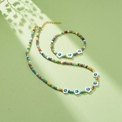 Natural Shell Flower with Evil Eye & Glass Seed Beaded Necklace Stretch Bracelet SJEW-JS01248-1