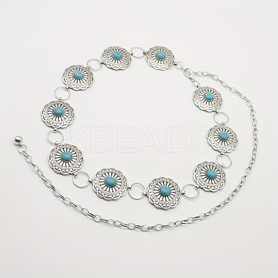 Ethnic Style Alloy with Dyed Synthetic Turquoise Flower Link Chain Waist Belly Chains for Women FS-WGC6A5F-02-1