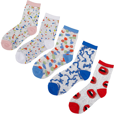 5 Pairs 5 Styles Nylon Glass Silk Socks for Women AJEW-CN0004-34-1