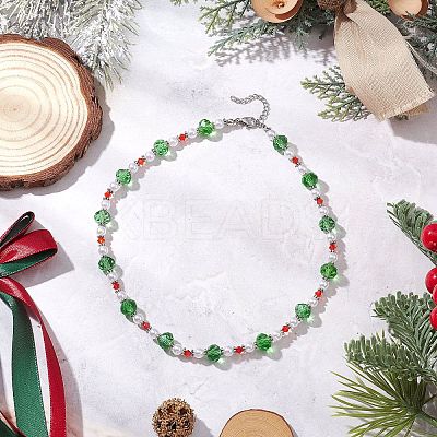 Christmas Theme Faceted Rondelle Glass & White Round ABS Plastic Imitation Pearl Beaded Necklaces for Women NJEW-JN05464-01-1