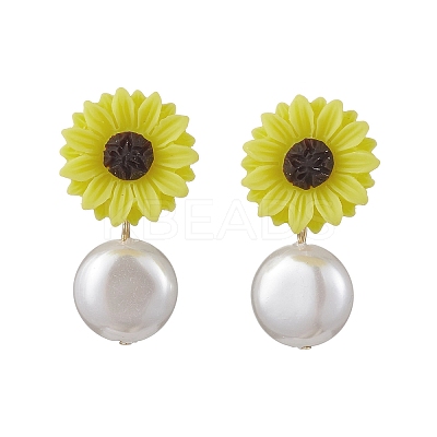 Natural Pearl & Resin Sunflower Stud Earrings EJEW-JE05693-01-1