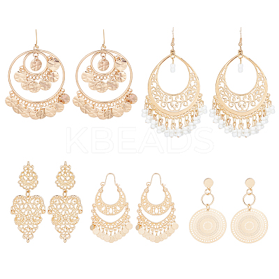 5 Pairs 5 Style Alloy Flat Round & Teardrop Filligree Boho Chandelier Earrings EJEW-AN0003-01-1