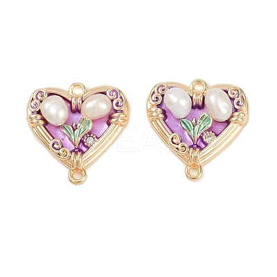 Brass Enamel & Natural Pearl Heart with Flower Connector Charms KK-K351-52G-02-1