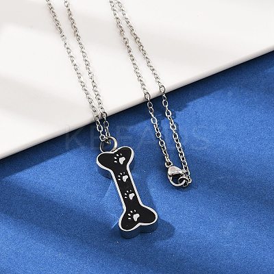 304 Stainless Steel Black Enamel Paw Print Bone Pendant Pet Urn Ashes Necklaces LS-NJEW-S455-06P-1