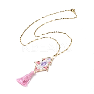 Rhombus Handmade Loom Pattern Glass Seed Pendants Necklaces with Tassel NJEW-MZ00012-1