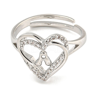 Heart with Letter Rack Plating Brass Micro Pave Clear Cubic Zirconia Adjustable Rings for Women RJEW-I105-01P-A-1