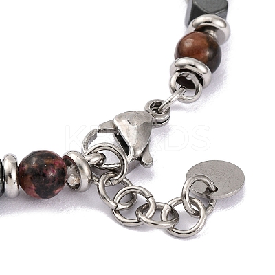 Natural Rhodochrosite & Magnetic Synthetic Hematite Round Beaded Bracelet X-BJEW-P339-02P-09-1