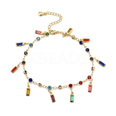 Bohemian Brass & Acrylic Flat Round Link Chain Anklets with Colorful Rectangle Tassel AJEW-Z046-03G-1