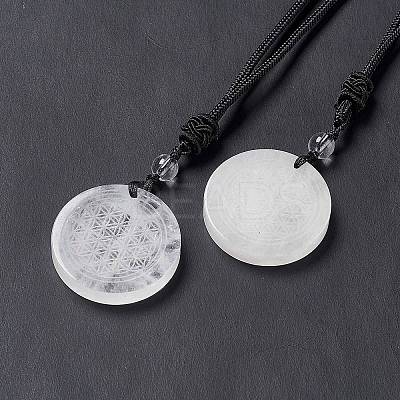 Natural Quartz Crystal Flat Round with Flower of Life Pendant Necklace with Nylon Cord for Women NJEW-P274-02-07-1