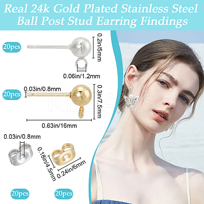 40Pcs 2 Style 202 & 304 Stainless Steel Round Ball Stud Earring Findings STAS-BBC0004-80-1