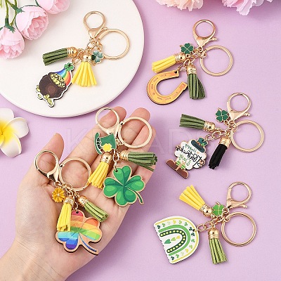 St. Patrick's Day Alloy Enamel & Faux Suede Tassel & Wood Keychains KEYC-YW00199-01-1