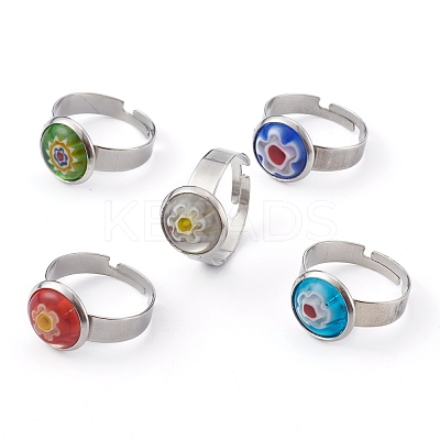 Adjustable Handmade Millefiori Glass Finger Rings RJEW-JR00322-1
