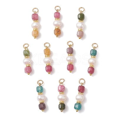 Natural Colorful Tourmaline Faceted Cube and Cultured Freshwater Pearl Potato Pendants PALLOY-JF04970-1