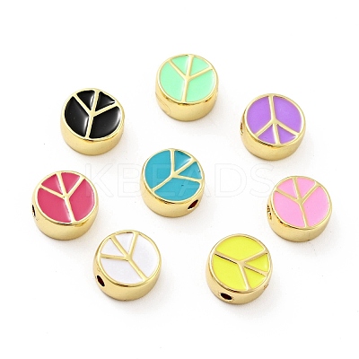 Flat Round with Peace Sign Brass Enamel Beads KK-G419-05G-1