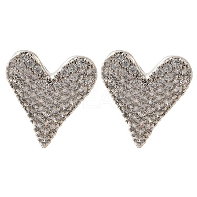 Rack Plating Heart Brass Pave Clear Cubic Zirconia Stud Earrings EJEW-I310-03P-1