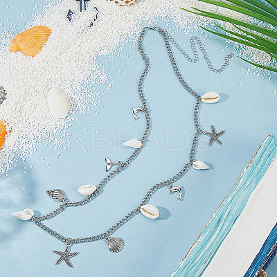 Ocean Theme Alloy and Natural Shell Starfish Shell Shaped Charm Waist Chains with Alloy Buckle AJEW-WH20019-31-1