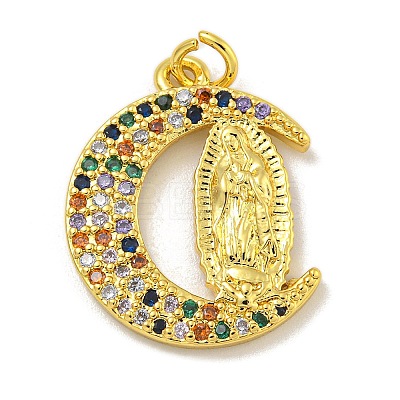 Virgin Mary Theme Rack Plating Brass Micro Pave Cubic Zirconia Pendants KK-C074-70G-01-1