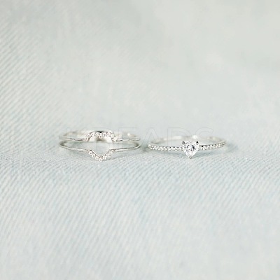 2Pcs Heart 925 Sterling Silver Micro Pave Clear Cubic Zirconia Finger Rings for Women FS-WG4005F-03-1