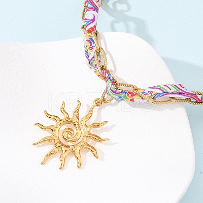 304 Stainless Steel Sun Pendant Printed Polyester Cord Necklaces for Women NJEW-D340-02G-1