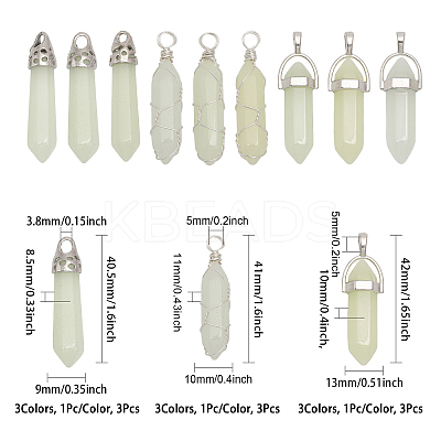 9Pcs 9 Styles Synthetic Luminous Stone Double Terminal Pointed Pendants G-CA0001-72-1