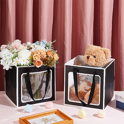 Square Paper Gift Tote Bags with Plastic Visible Window ABAG-WH0051-10B-1