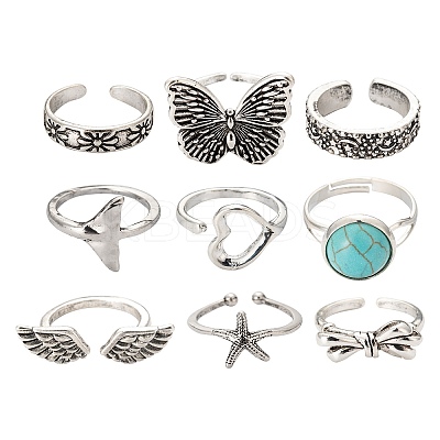 9Pcs 9 Style Adjustable Alloy Finger Rings RJEW-LS0001-15AS-1